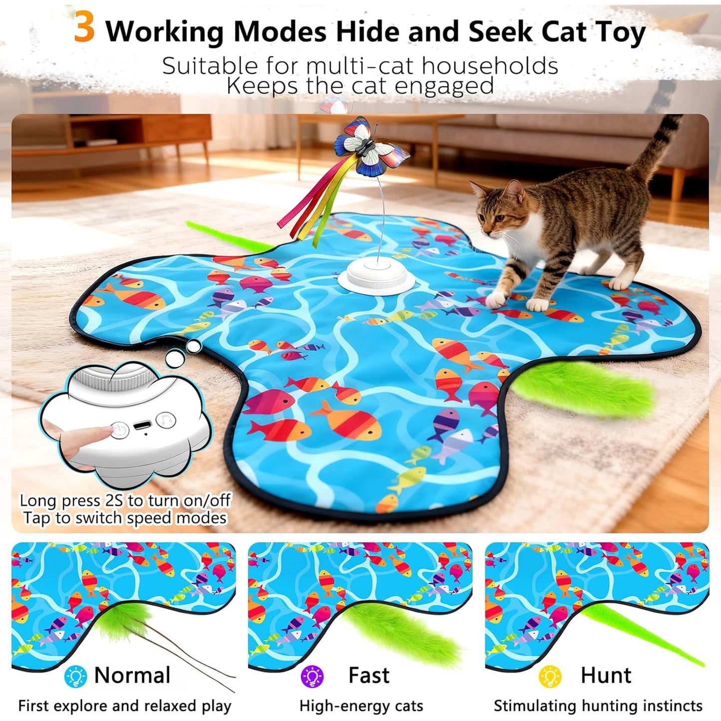 Interactive Cat Toys for Indoor Cats,[Newly Upgraded] Rechargeable Touch Activated Hide and Seek Kitten Toys for Bored Indoor Adult Cats with Fluttering