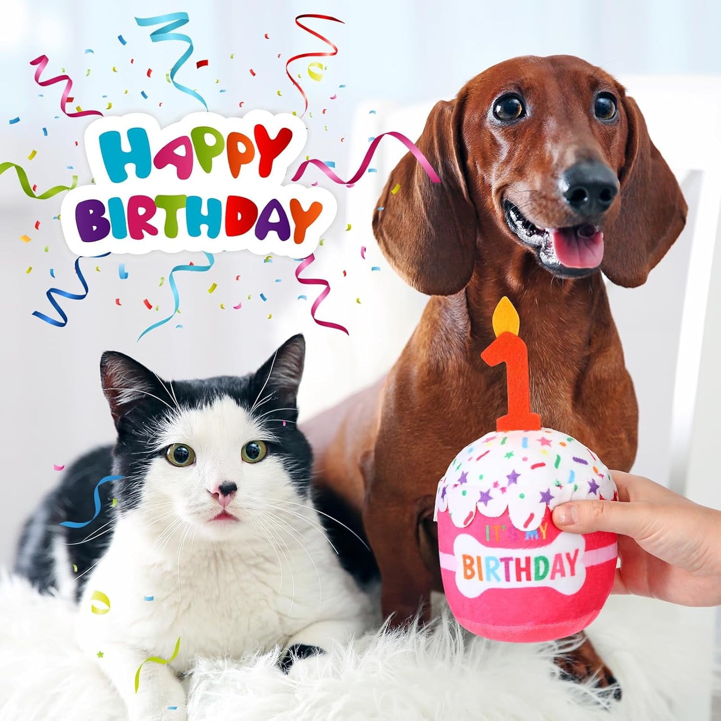 Dog Birthday Cake Toy Accessories for Girl Boy Gifts, Squeaky Plush Toy for Dog Birthday Party Decor Favor for Large, Medium and Small Dogs(1st,Pink)