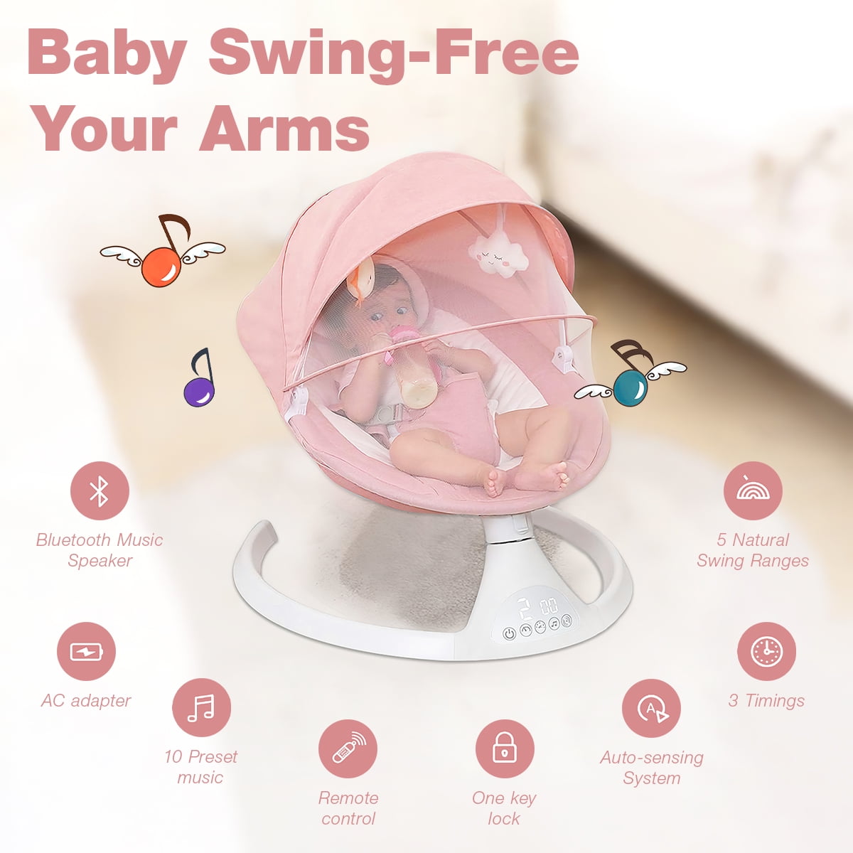 OEIKPFN Electric Baby Swing for Infants for Boy Girl with Bluetooth, Remote Control, 5 Speeds, 10 Music Pink