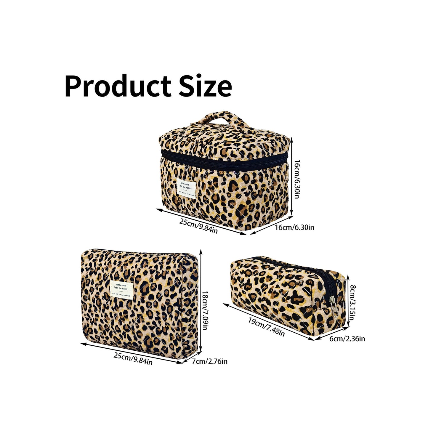 3PCS Large Travel Quilted Makeup Bag for Women, Floral Cotton Cosmetic Bag, Coquette Aesthetic Floral Toiletry Organizer Bag, Classic leopard print