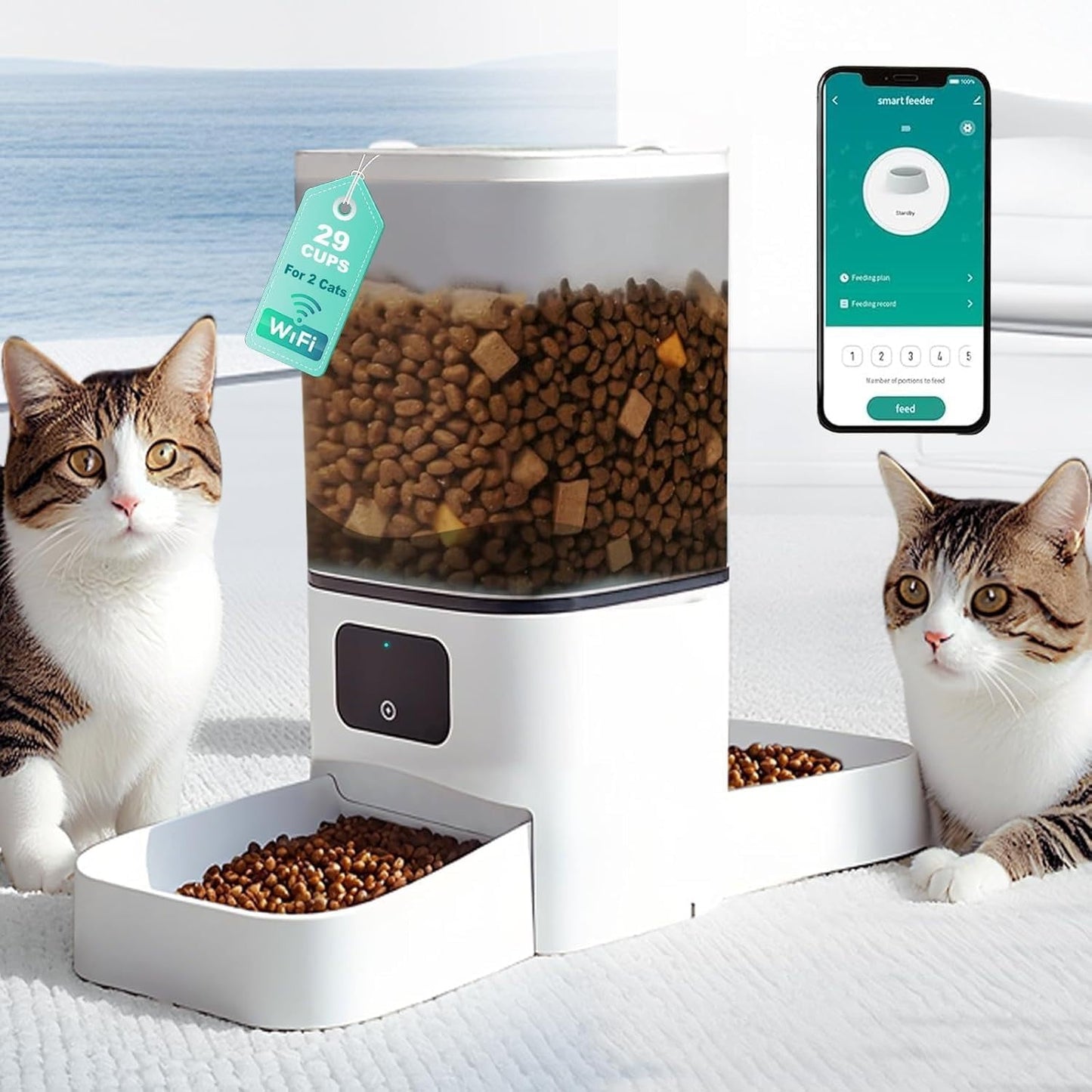 5G WiFi Automatic Feeder, Large Capacity 6L Timed Dry Food Dispenser for Cats and Dogs, APP Control & Anti-Clog Design for Multiple Pets
