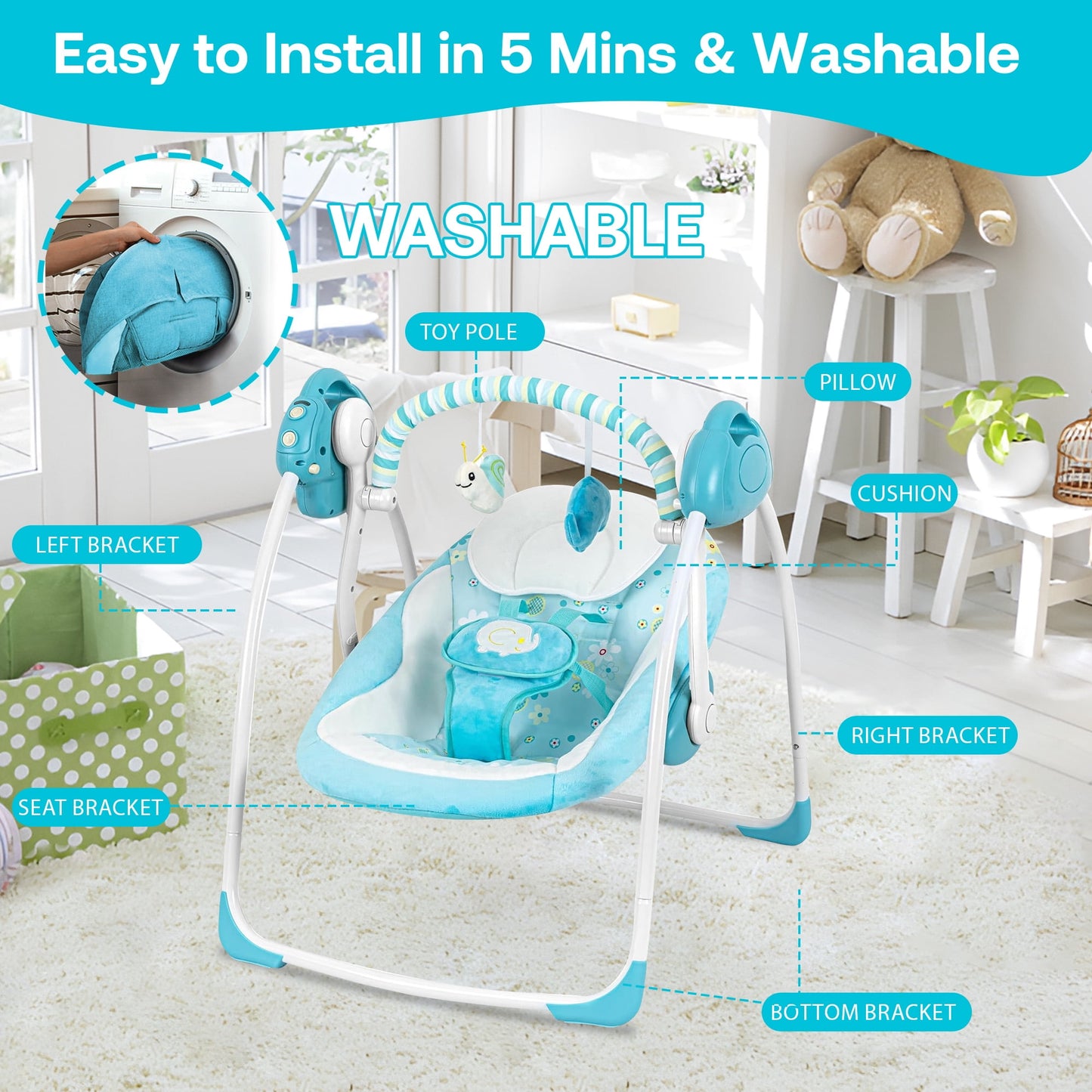 Yadala Baby Swing, Foldable Baby Swing for Infants with Adaptable Speeds, Music, 0-9 Months, Blue