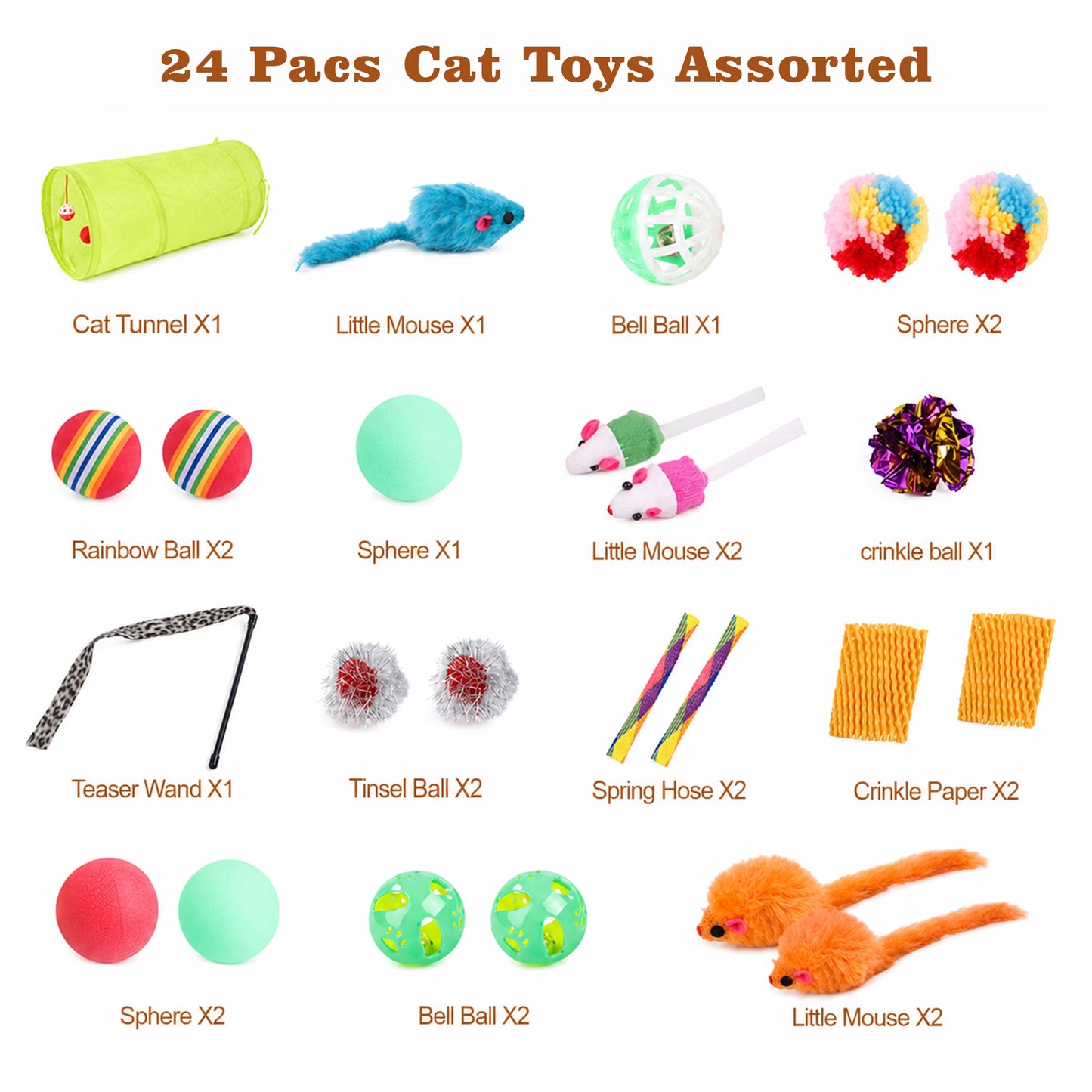 OEIKPFN 24Pcs Cat Toys Kitten Toys, Interactive Kitty Toys with Collapsible Cat Tunnels Tent, Cat Wand Catnip Feather Teaser