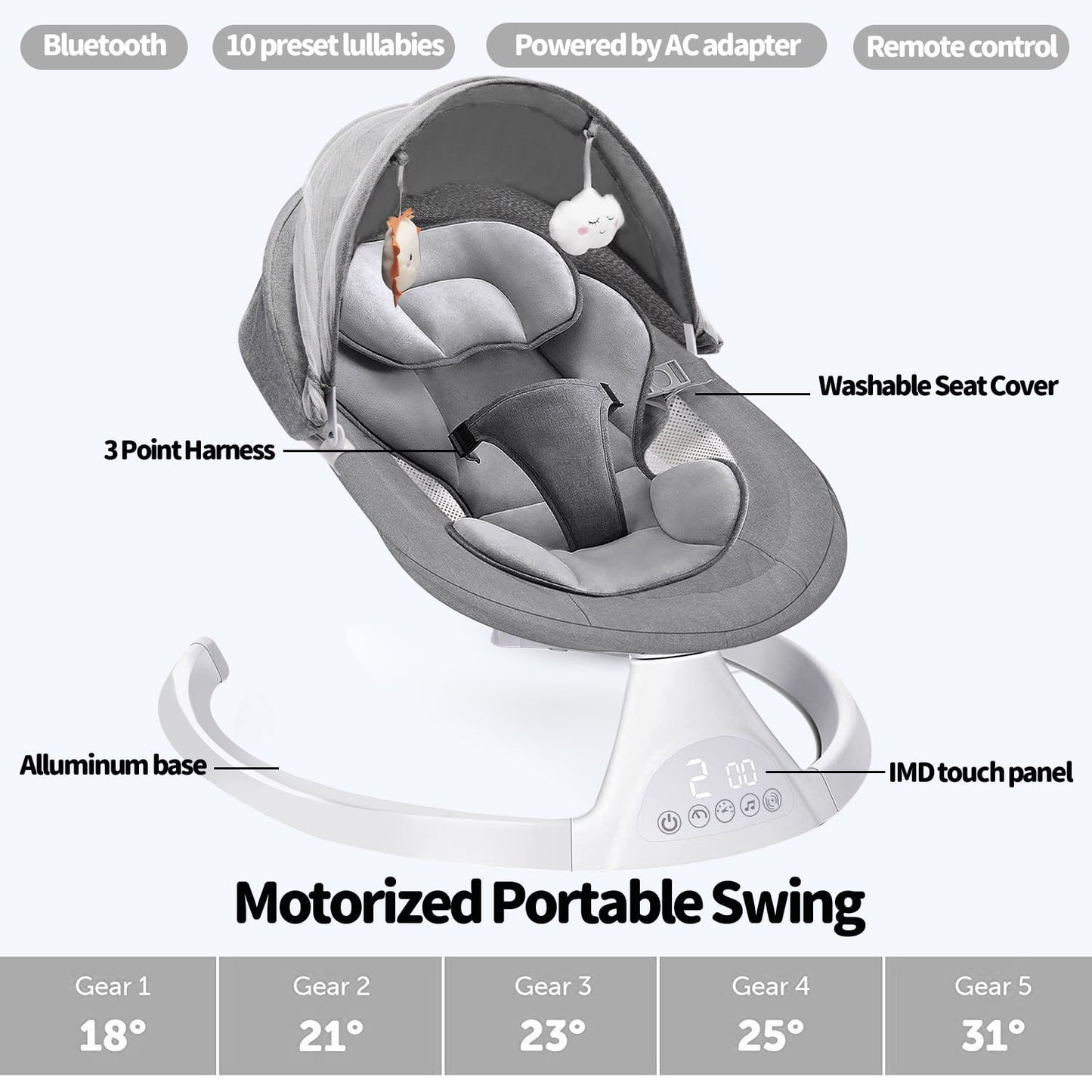 Baby Swing for Infants, Bluetooth Swing Electirc Baby Rocker Bouncer, Intelligent Auto Swing with 5 Speed, Gray