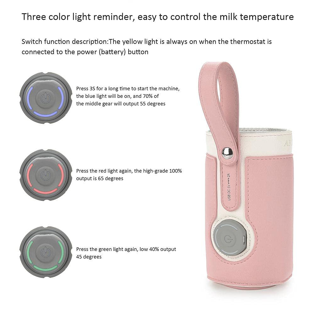 Bottle Warmer, Portable Baby Milk Warmer with 3 Levels Temperature for Breastfeeding Night Feeding Daily Use Travel, Pink