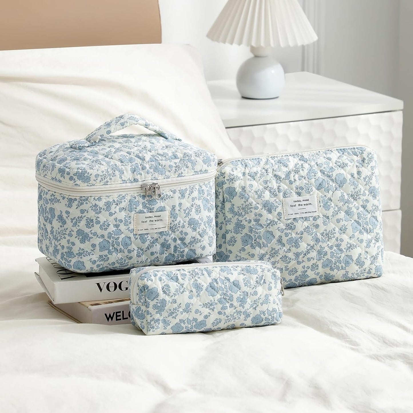 3PCS Large Travel Quilted Makeup Bag for Women, Floral Cotton Cosmetic Bag, Coquette Aesthetic Floral Toiletry Organizer Bag