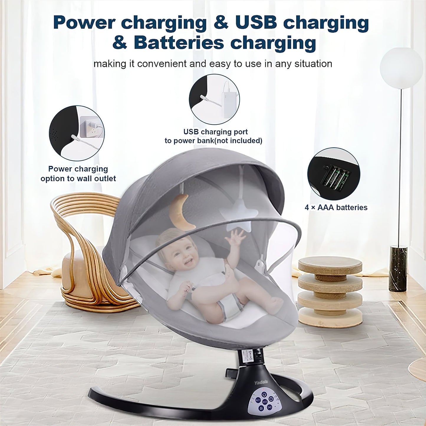 Baby Swing for Infants, Electric Portable Swing with 5 Speed, Bluetooth Rocker with Remote Control, Adjustable Seat, Gray